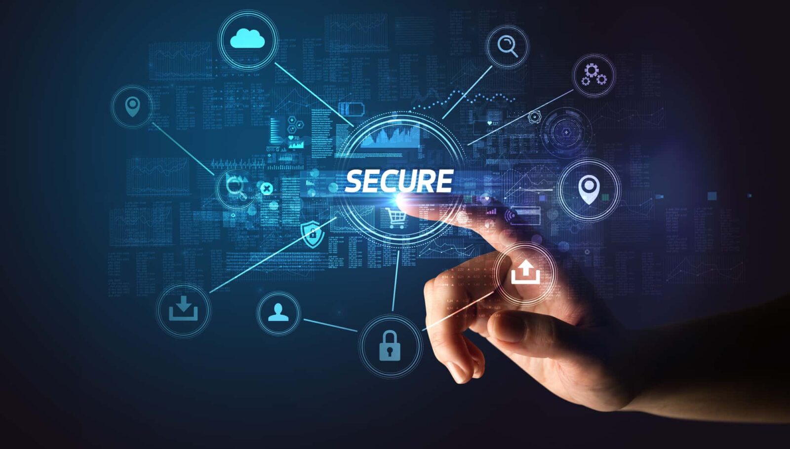 A hand touching the word "secure," surrounded by various icons, symbolizing cybersecurity measures and protection.