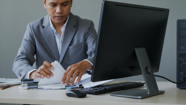A businessman in a grey suit at a desk, sorting through a thick stack of paperwork beside a monitor and keyboard.