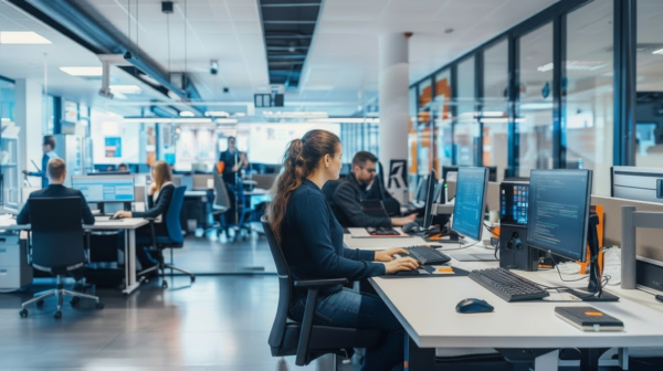 A support team at work in an open office, each technician at their own desk